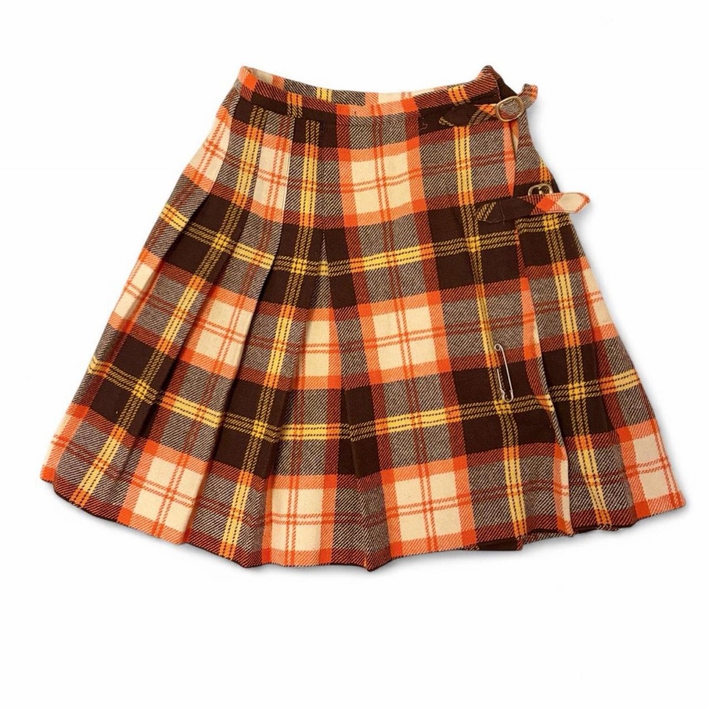 VINTAGE Wool Orange Tartan Plaid Pleated Preppy A-Line Mini Skirt